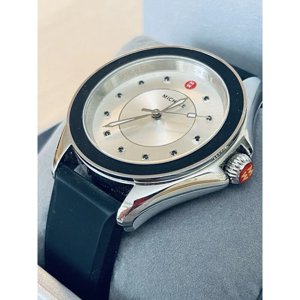 Michele Cape Topaz Watch MWW27A000012 Silver Dial Black Silicone Band Box Paper